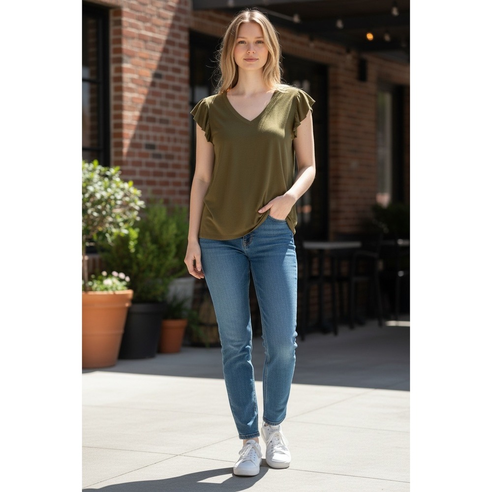Bobi Los Angeles Olive Green Flutter Sleeve V-Neck Tee Top XS